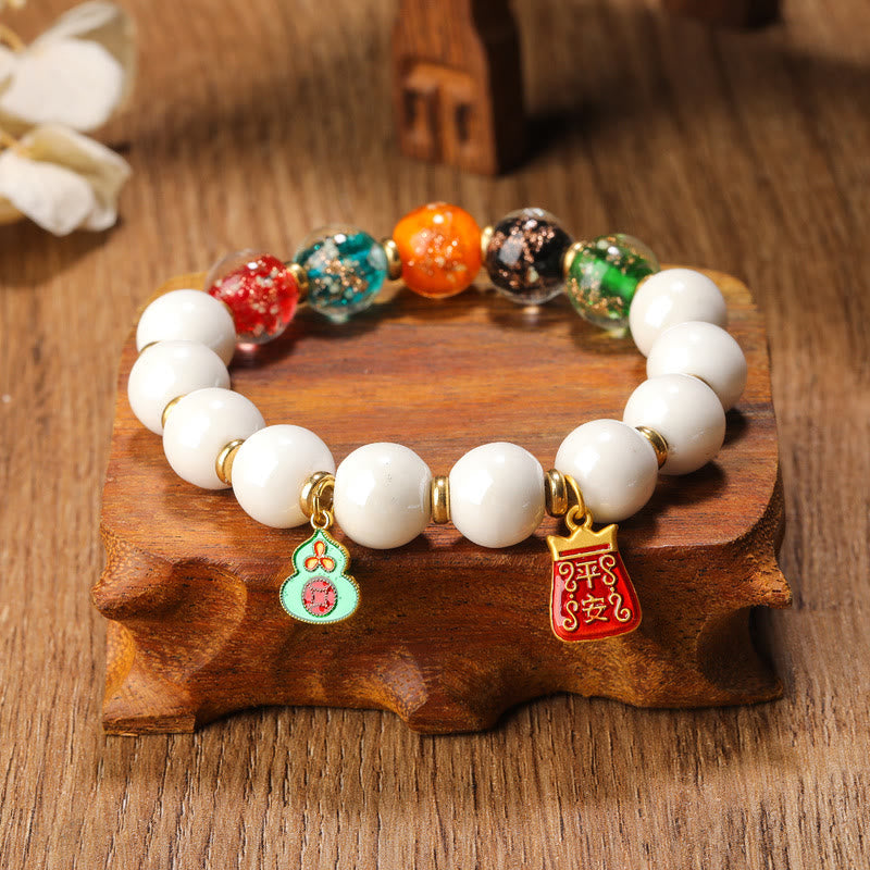 Wear FengShui Tibetan Incense Ash Porcelain Luminous Fluorescent Liuli Glass Bead Gourd Copper Coin Charm Peace Bracelet