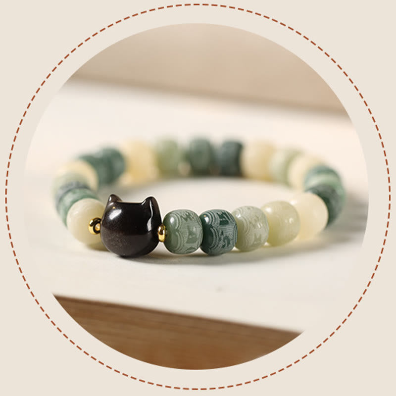 Wear FengShui Bodhi Seed Silver Sheen Obsidian Cat Head Om Mani Padme Hum Engraved Harmony Bracelet