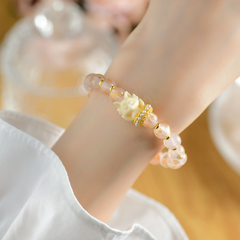 Wear FengShui Tibetan Incense Ash Liuli Glass Bead Lucky Nine Tailed Fox Lotus Charm Bracelet