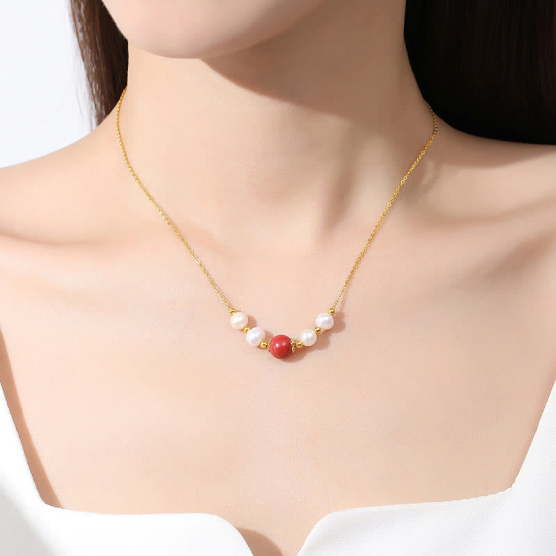 Wear FengShui 925 Sterling Silver Pearl Cinnabar Sincerity Healing Bead Chain Necklace Pendant