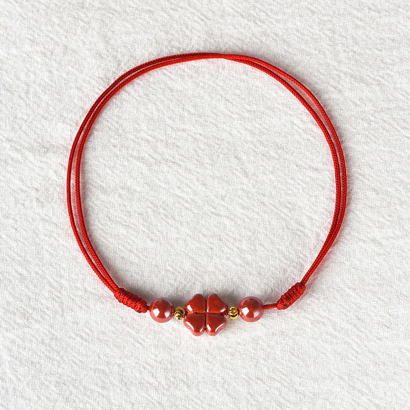 Wear FengShui Four Leaf Clover Cinnabar Blessing Calm String Bracelet Anklet
