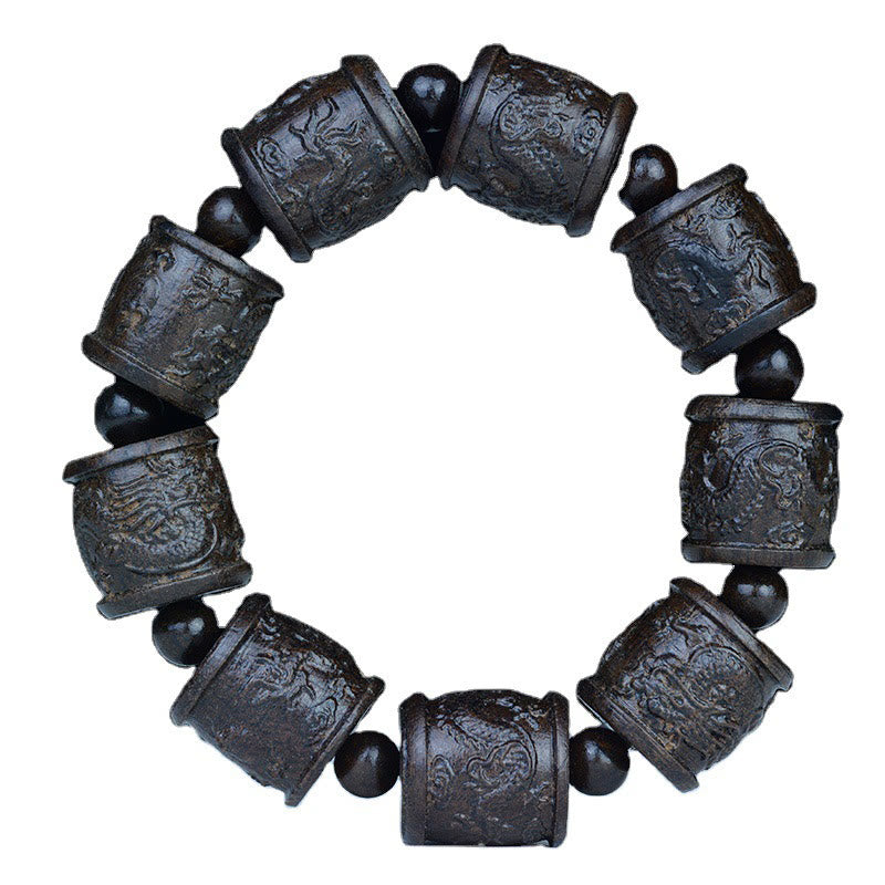 Wear FengShui Ebony Wood Eighteen Arhats Lotus Dragon Engraved Balance Bracelet