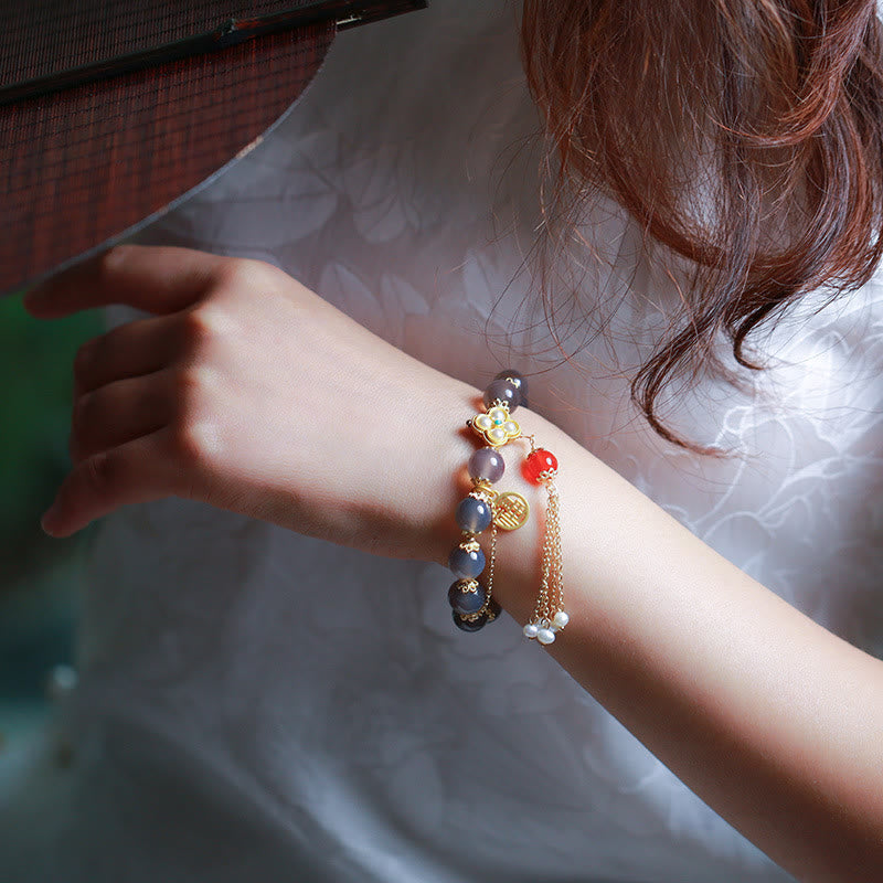 Wear FengShui Natural Gray Agate Fu Character Pearl Tassel Balance Bracelet