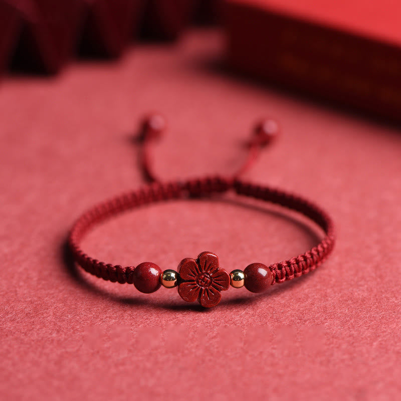 Wear FengShui Four Leaf Clover Five-petal Flower Cinnabar Blessing Red String Bracelet