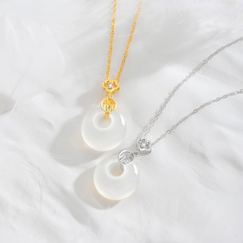 Wear FengShui 925 Sterling Silver White Agate Fu Character Happiness Luck Necklace Pendant
