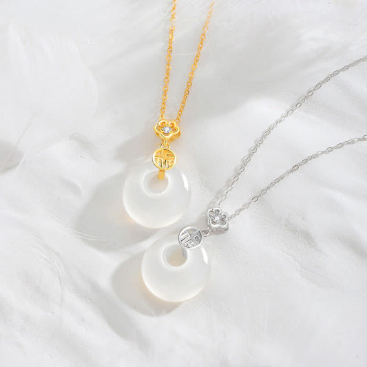 Wear FengShui 925 Sterling Silver White Agate Fu Character Happiness Luck Necklace Pendant