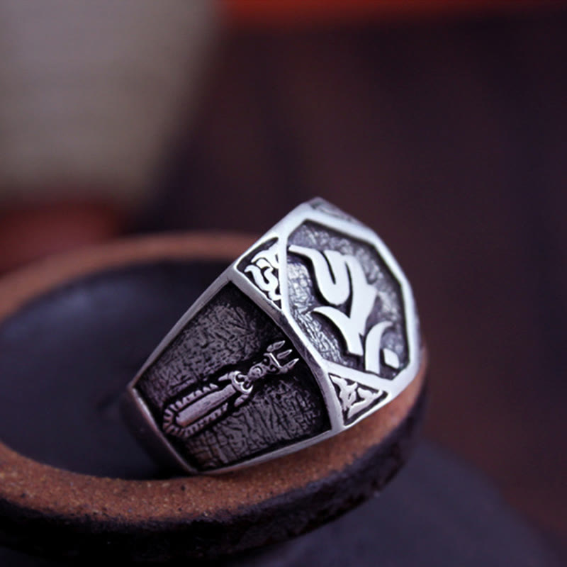 Wear FengShui 925 Sterling Silver Sanskrit Design Carved Protection Adjustable Ring