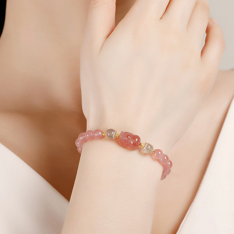 Wear FengShui Aquamarine Strawberry Quartz Amethyst Moonstone PiXiu Healing Bracelet