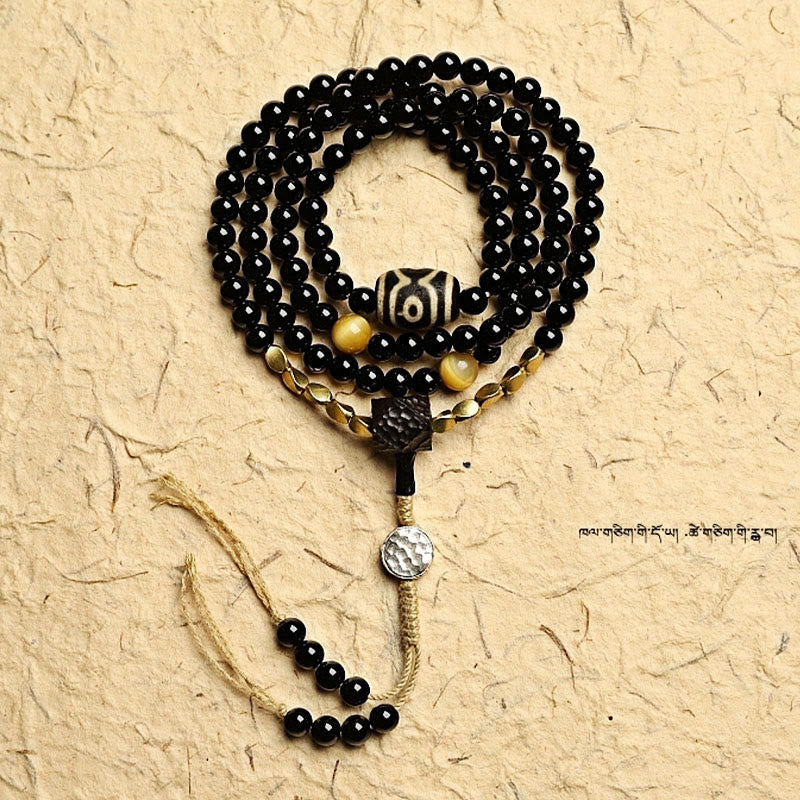 Wear FengShui Tibetan 108 Mala Beads Black Onyx Three-eyed Dzi Beads Protection Bracelet