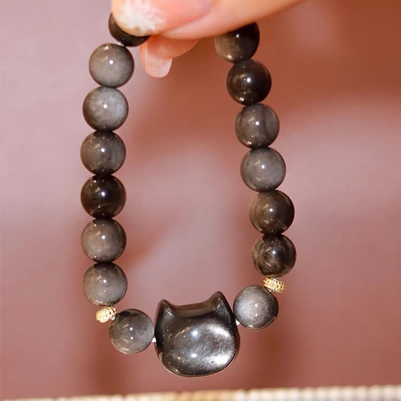 Wear FengShui Gold Sheen Obsidian Silver Sheen Obsidian Lovely Paw Lucky Cat Protection Bracelet