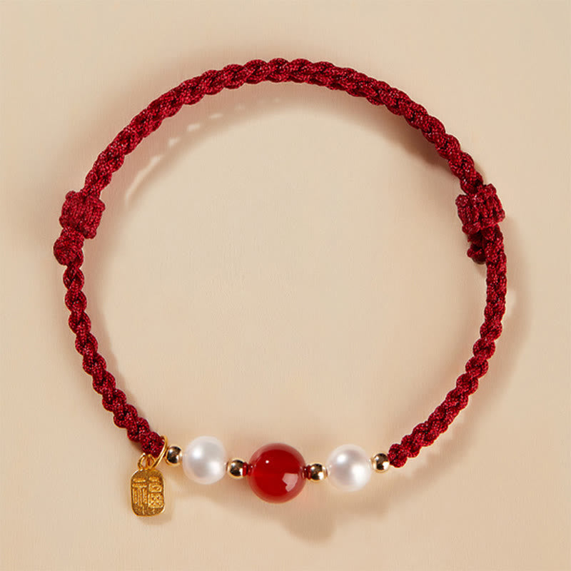 Wear FengShui 925 Sterling Silver Good Fortune Fu Character Agate Pearl Red String Braid Bracelet