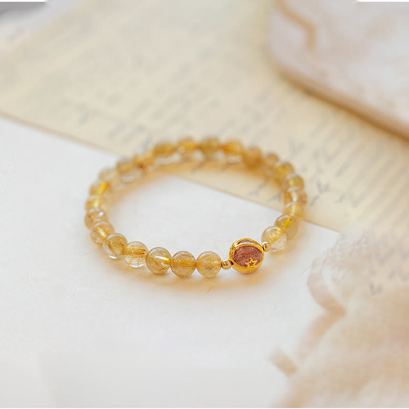 Wear FengShui Golden Rutilated Quartz Strawberry Quartz Star Protection Bracelet