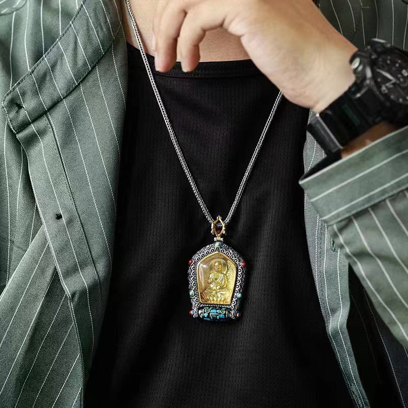 Wear FengShui Tibet Chinese Zodiac Natal Buddha Thangka Prosperity Rotatable Dzi Bead Necklace Pendant