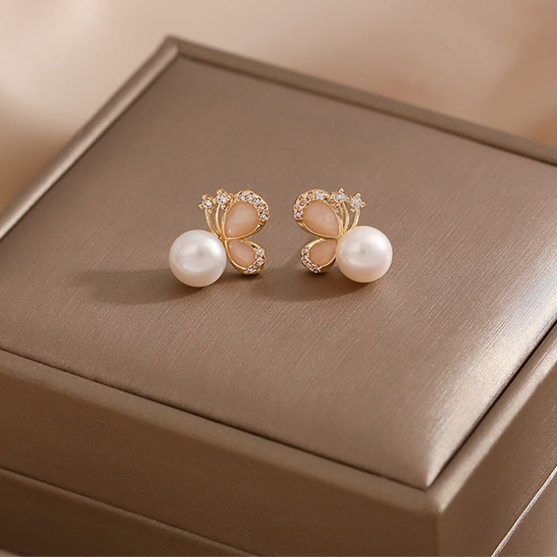 Wear FengShui 18k Gold Plated Pearl Butterfly Love Freedom Stud Earrings