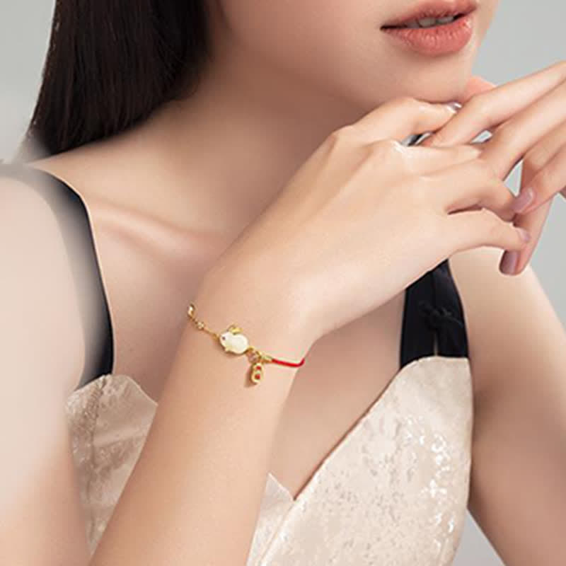 Wear FengShui Year of the Rabbit White Jade Happiness Red String Chain Bracelet