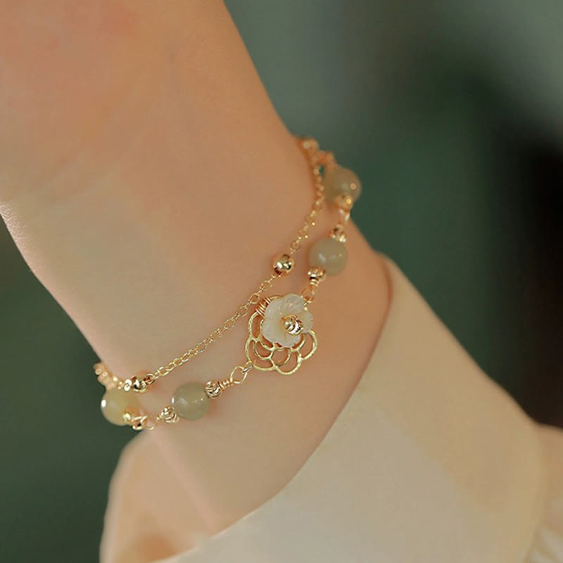Wear FengShui 14K Gold Plated Jade Butterfly Tridacna Stone Flower Double Layer Luck Bracelet