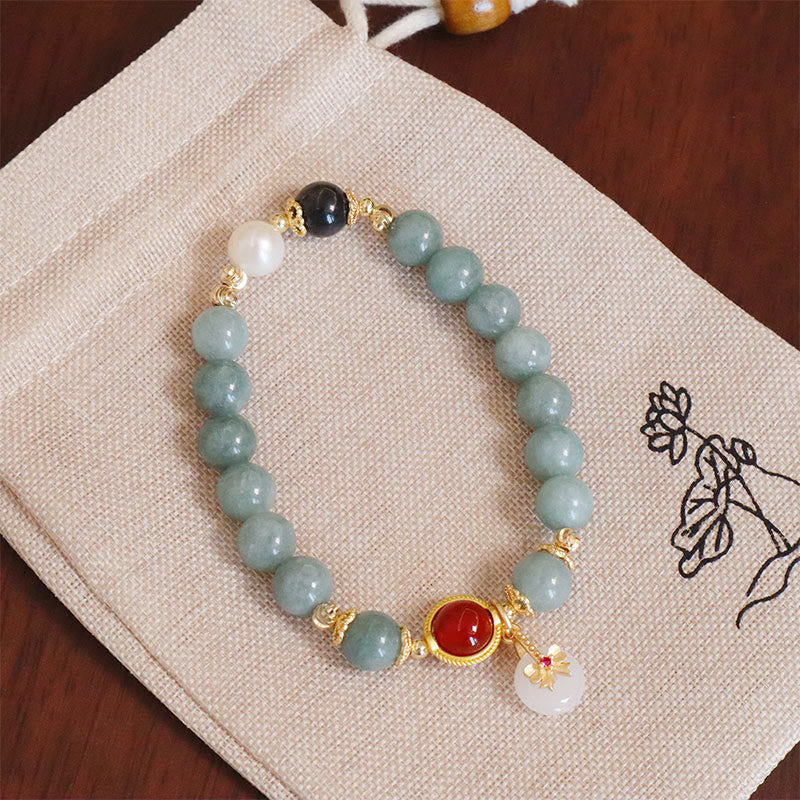 Wear FengShui Natural Jade Red Agate Pearl Bow Tie Luck Bracelet