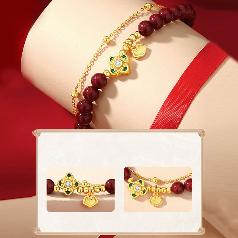 Wear FengShui 925 Sterling Silver Natural Cinnabar Four Leaf Clover Flower Blessing Chain Bracelet