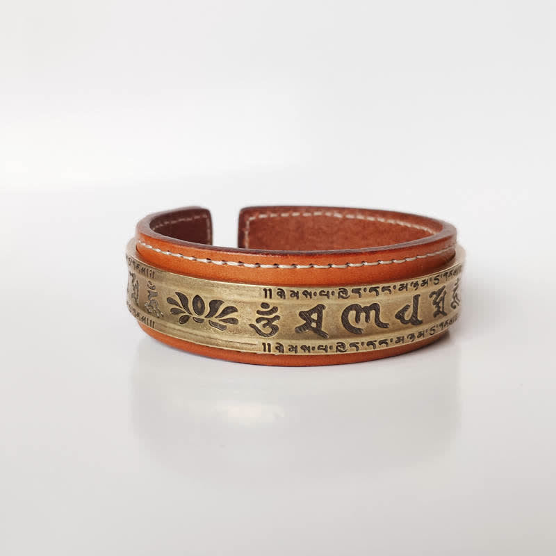 Wear FengShui 2Pcs Om Mani Padme Hum Dragon Phoenix Copper Leather Peace Cuff Bracelet Bangle