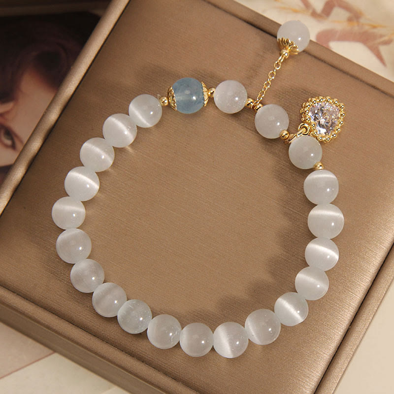 Wear FengShui Cat's Eye Crystal Heart Zircon Charm Peace Love Bracelet