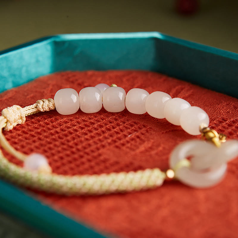 Wear FengShui Natural Hetian Jade Bead Double Peace Buckle Fu Character Abundance Braided Bracelet