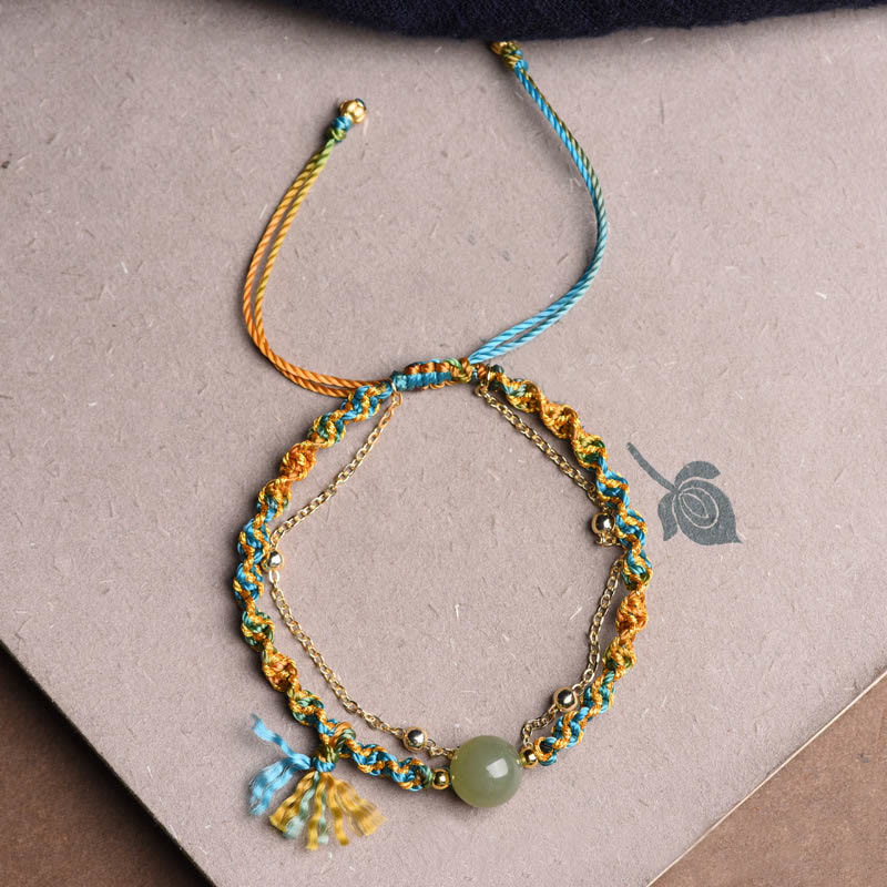 Wear FengShui Handmade Colorful Rope Luck Jade Bead Abundance Double Layer Bracelet