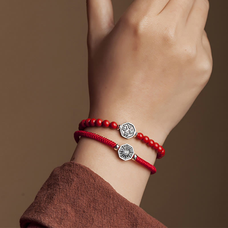 Wear FengShui 925 Sterling Silver Yin Yang Bagua Symbol Cinnabar String Concentration Bracelet