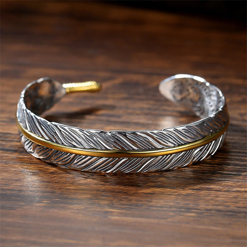 Wear FengShui Feather Pattern Carved Luck Wealth Cuff Bracelet Bangle