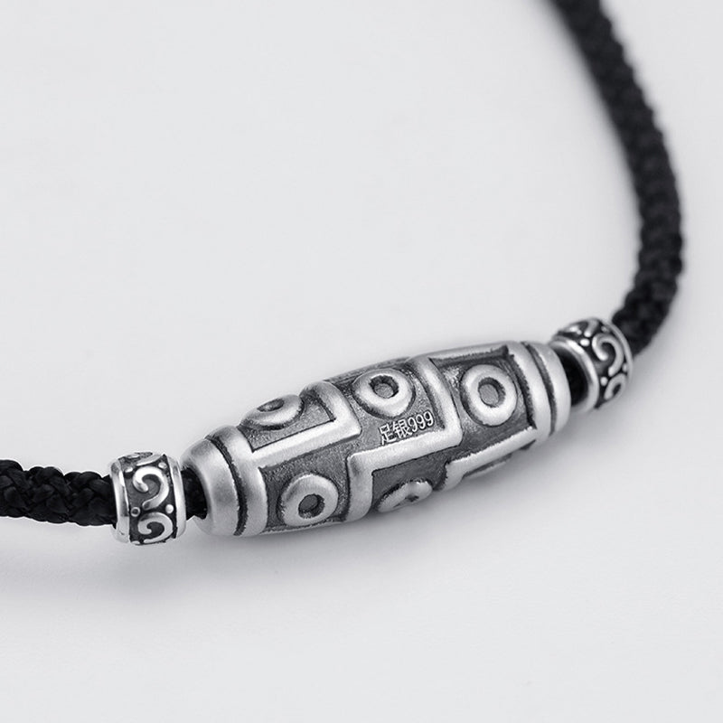 Wear FengShui 999 Sterling Silver Nine-Eye Dzi Bead Pattern Protection Rope Necklace Pendant