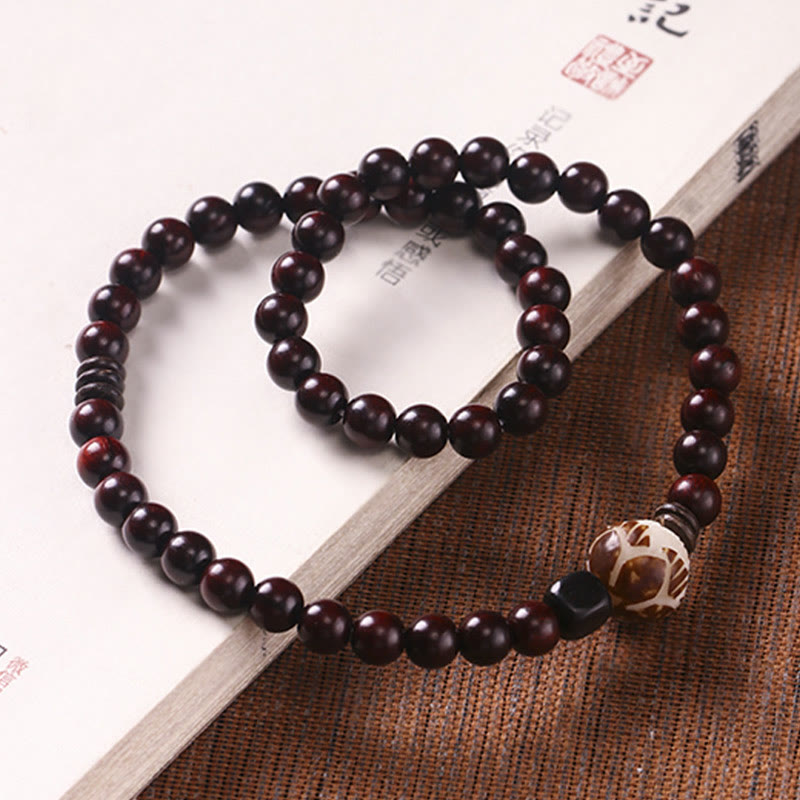 Wear FengShui Small Leaf Red Sandalwood Lotus Bodhi Seed Carved Protection Double Wrap Bracelet
