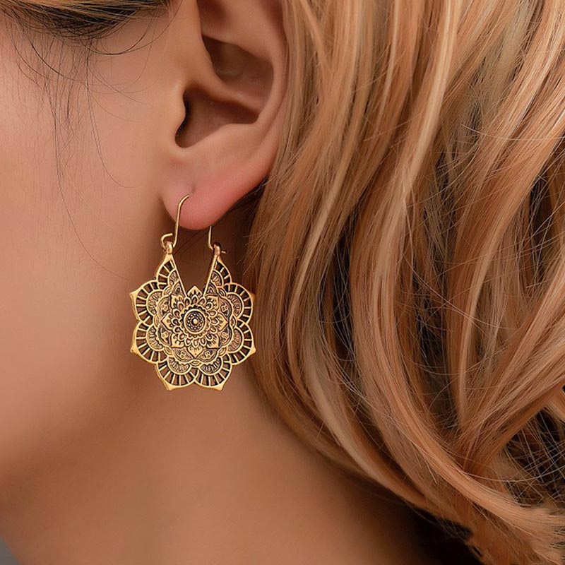 Wear FengShui Tibetan Lotus Engraving Copper Blessing Drop Earrings