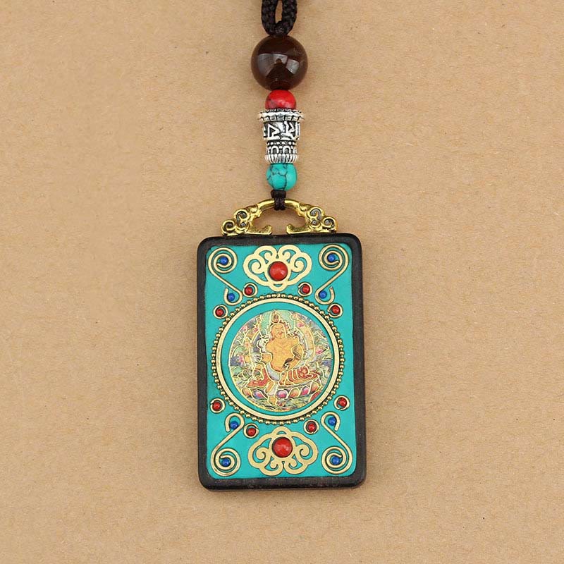 Wear FengShui Tibet God Of Wealth Money Tree Golden Phoenix Thangka Ebony Peace Necklace Pendant