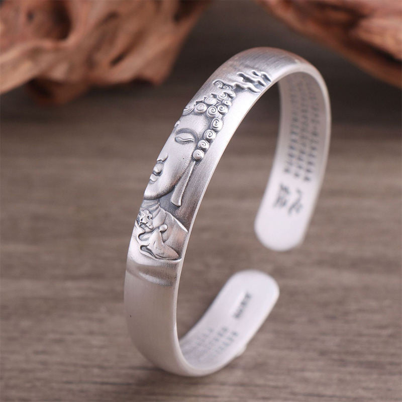 Wear FengShui 999 Sterling Silver Buddha Head Heart Sutra Serenity Bracelet Bangle