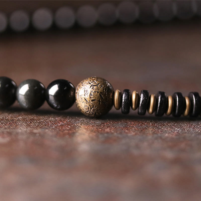 Wear FengShui Rainbow Obsidian Ebony Wood Copper Positive Multilayer Bracelet