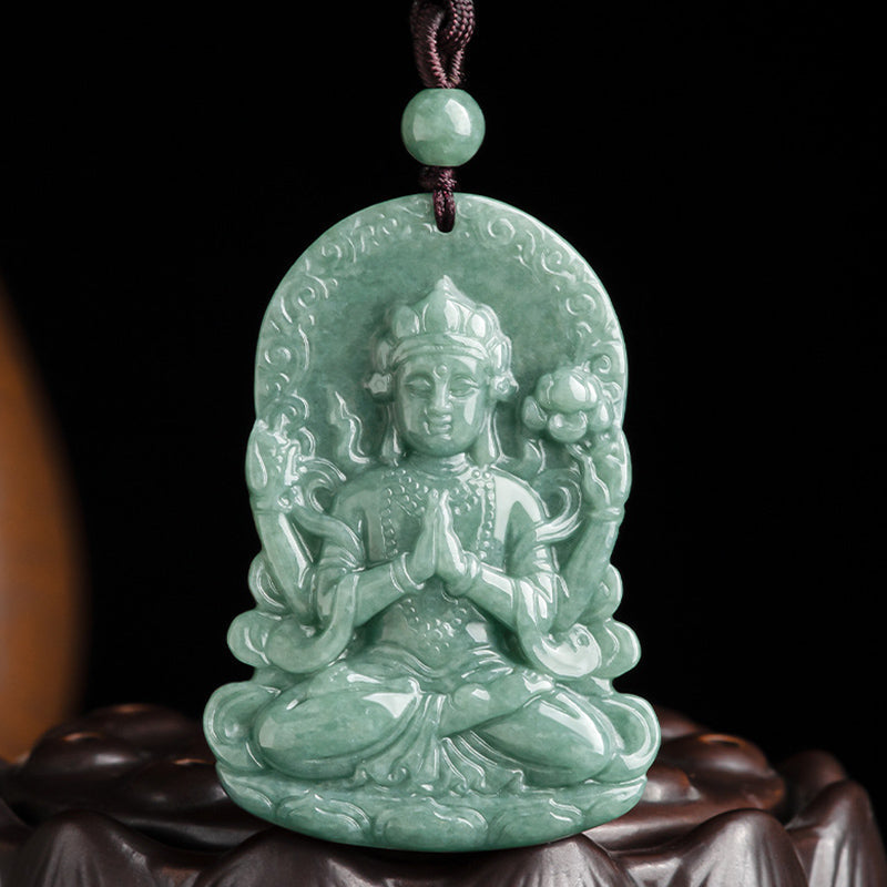 Wear FengShui Four-armed Avalokitesvara Natural Jade Amulet Blessing String Necklace