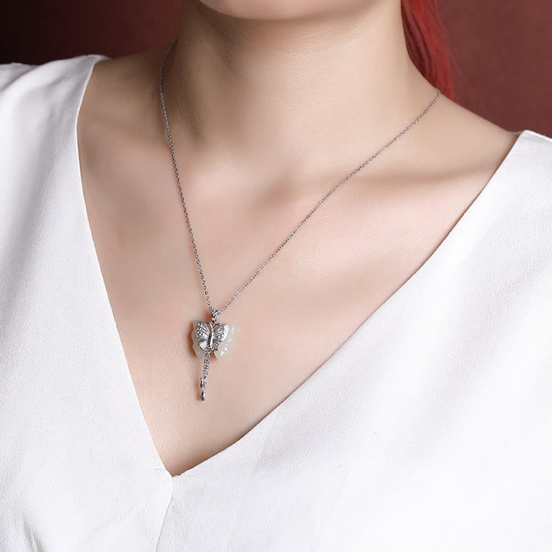 Wear FengShui 925 Sterling Silver Plated Gold Hetian White Jade Butterfly Blessing Necklace Pendant