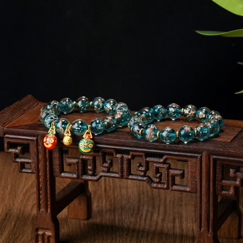 Wear FengShui Gold Swallowing Beast Family Charm Luminous Fluorescent Liuli Glass Bead Success Bracelet