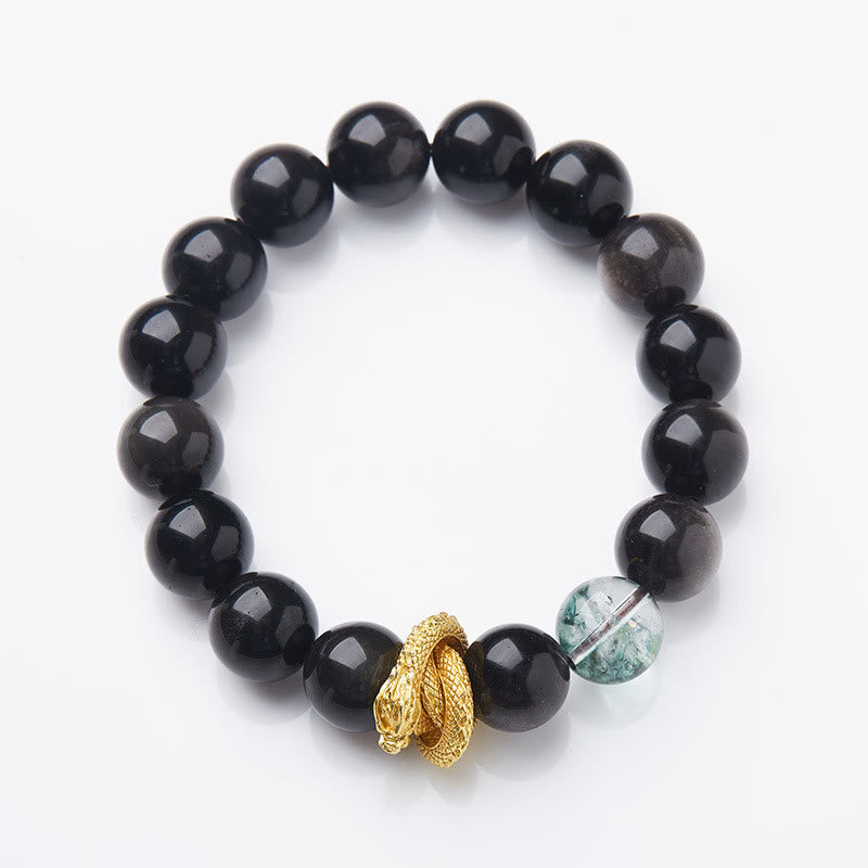 Wear FengShui Natural Silver Sheen Obsidian Dragon Green Phantom Protection Bracelet
