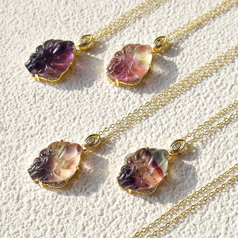 Wear FengShui Natural Colorful Fluorite Nine Tailed Fox Protection Necklace Pendant