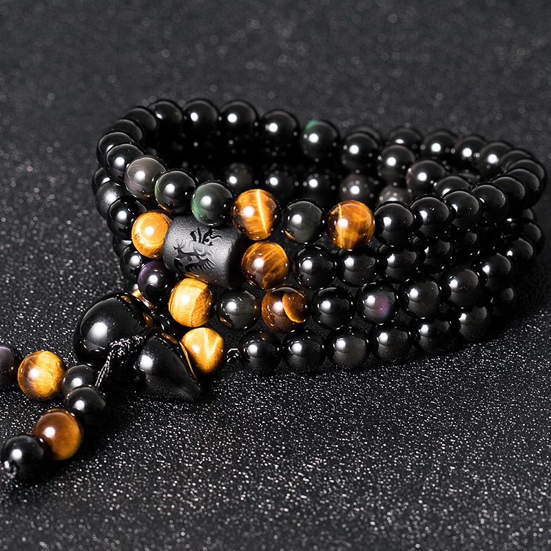 Wear FengShui Natural Black Obsidian Rainbow Obsidian Gourd Blessing Bracelet Mala
