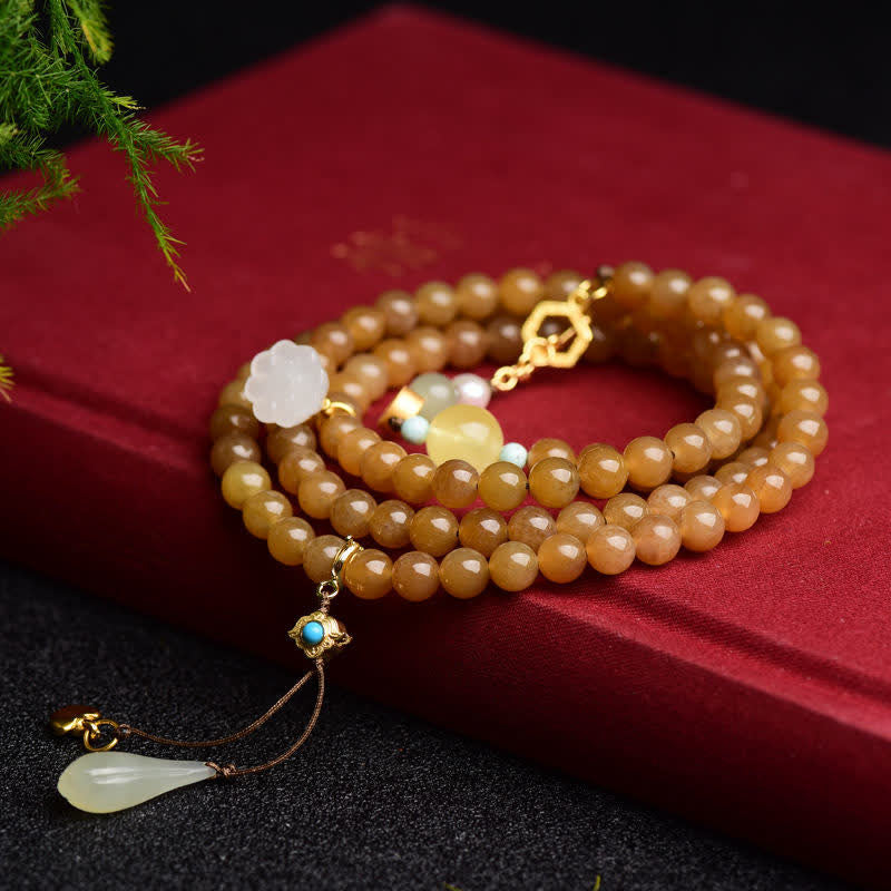 Wear FengShui Natural Hetian Topaz Amber Lotus White Jade Pearl Success Bracelet