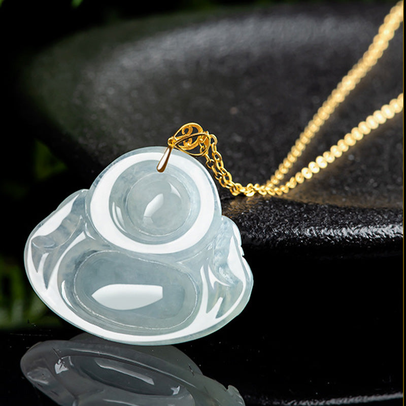 Wear FengShui Laughing Buddha Natural Jade Abundance Titanium Steel Chain Necklace Pendant