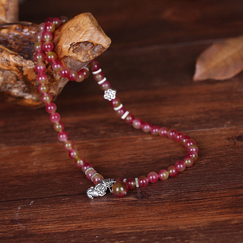 Wear FengShui Natural Watermelon Tourmaline PiXiu Elephant Positive Triple Wrap Bracelet