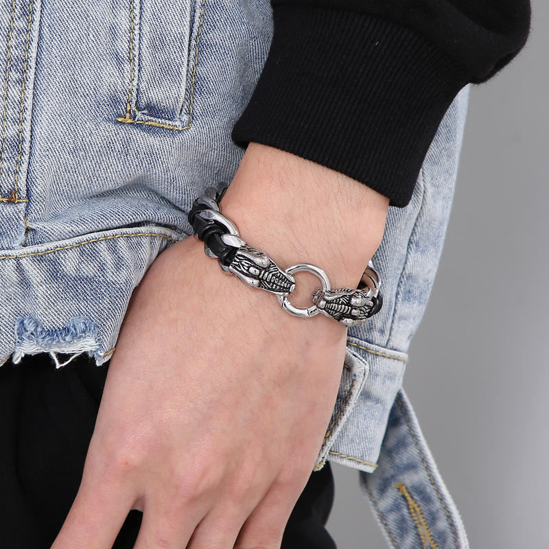 Wear FengShui Dragon Leather Titanium Steel Protection Luck Braided Bracelet