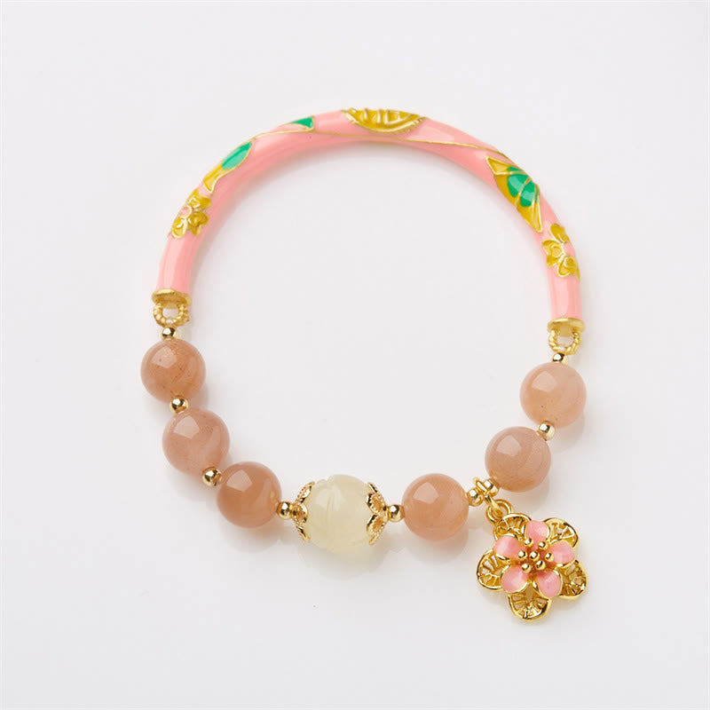 Wear FengShui Natural Sun Stone Golden Silk Jade Flower Charm Wealth Bracelet Bangle