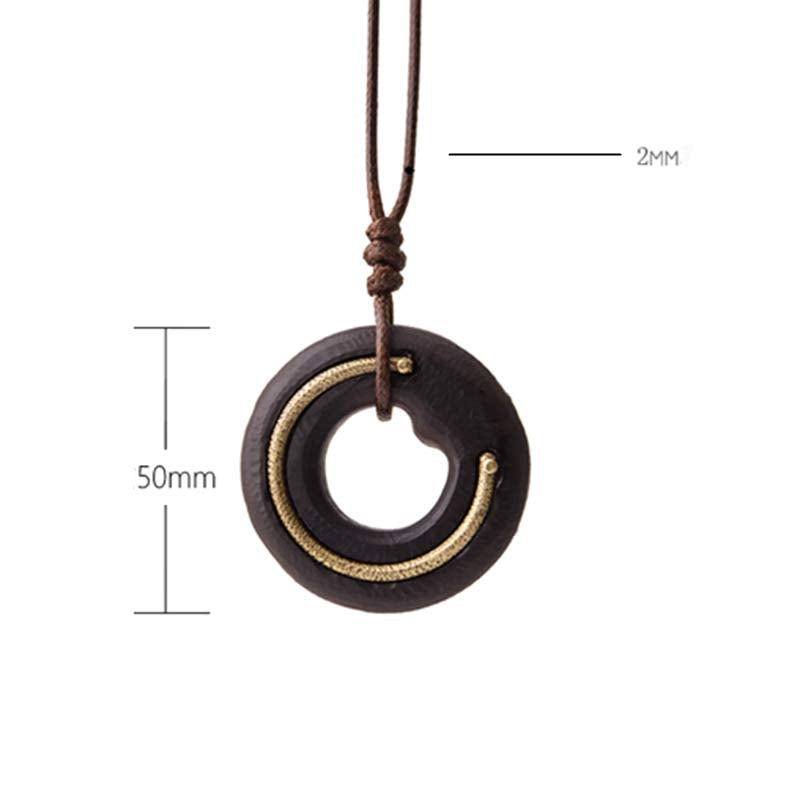 Wear FengShui Zen Circle Ebony Wood Peace Calm Necklace Pendant