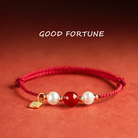 Wear FengShui 925 Sterling Silver Good Fortune Fu Character Agate Pearl Red String Braid Bracelet