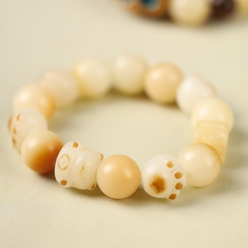 Wear FengShui Natural Bodhi Seed Sandalwood Lucky Cute Cat Head Paw Claw Peace Bracelet