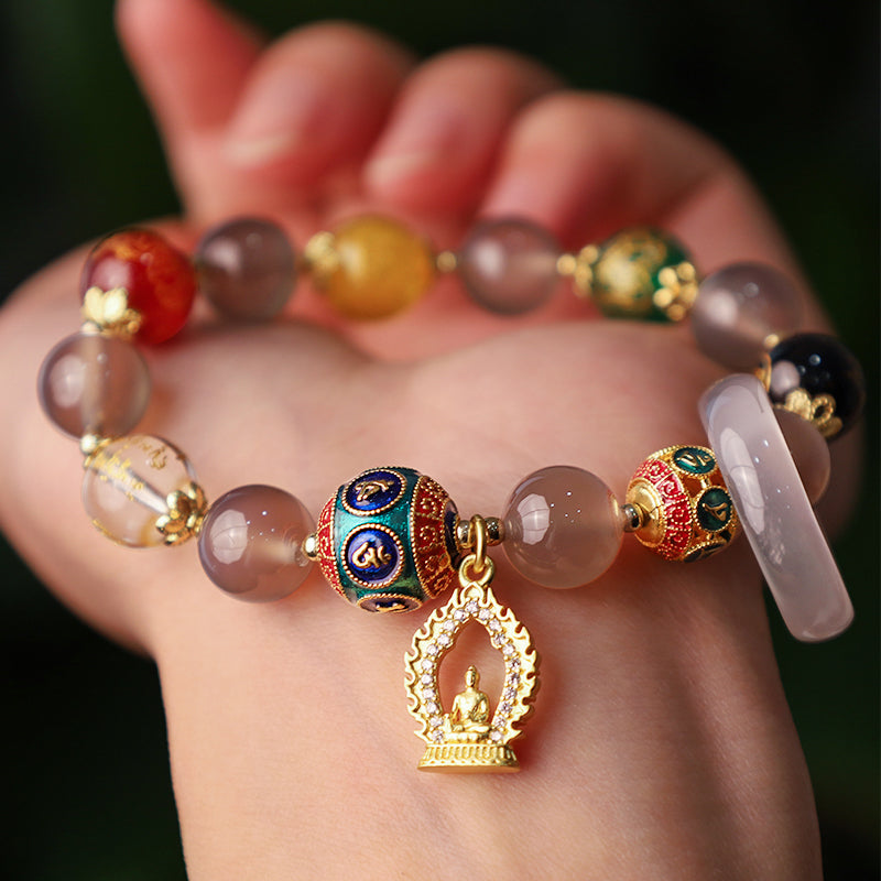 Wear FengShui Natural Gray Agate Five Directions Gods of Wealth Om Mani Padme Hum Buddha Charm Bracelet