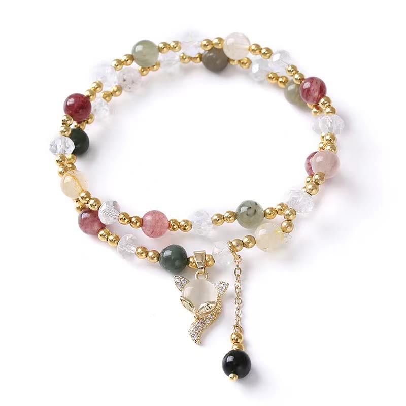 Wear FengShui Multicolored Rutilated Quartz Fox Protection Double Wrap Bracelet
